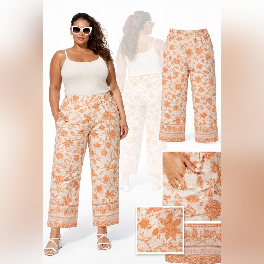 New Belle Beach by Kim Gravel Cabana Knit Pants Terracotta Floral Wide Leg Rayon